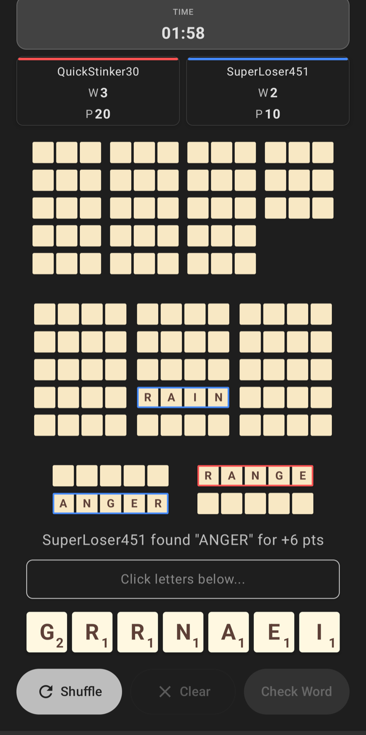 Battlegrams live match, player one's phone: timer, scores, and words claimed in each player's color