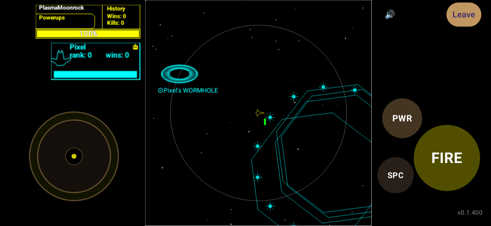 Wormhole running on Android: the retro HUD with a live pilot roster, the arena with your ship, ship selection, and the Comms chat panel