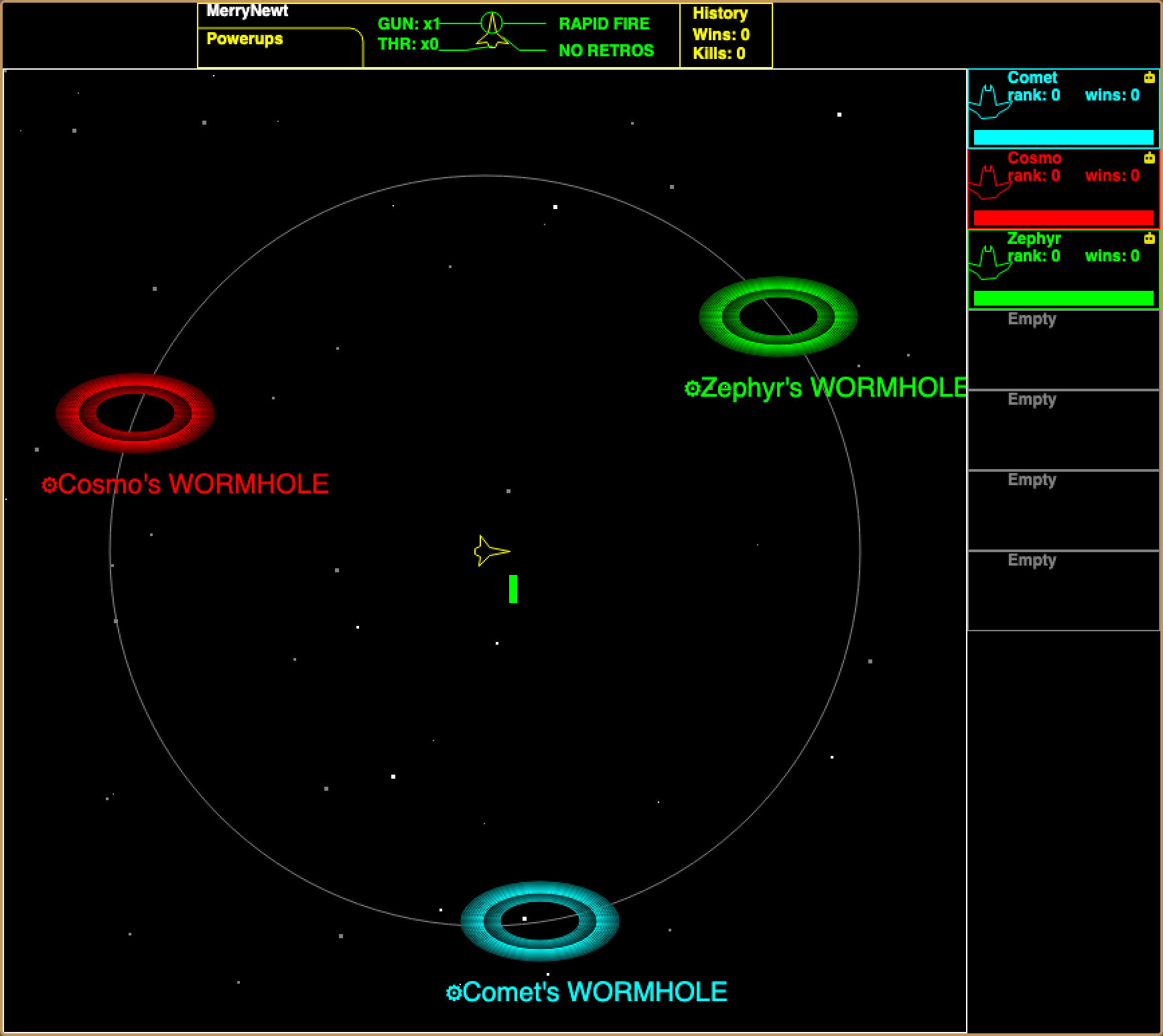 Wormhole gameplay: your yellow ship at the centre of a dark arena, ringed by three enemy wormholes in cyan, red, and green, with the retro vector HUD around it